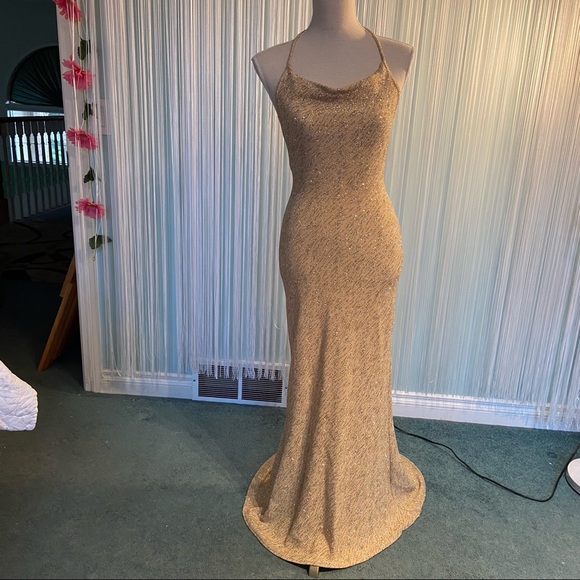Vintage Gold Sparkle Glitter Open Back Fish Tail Sexy Party Halter Dress - Picture 3 of 17